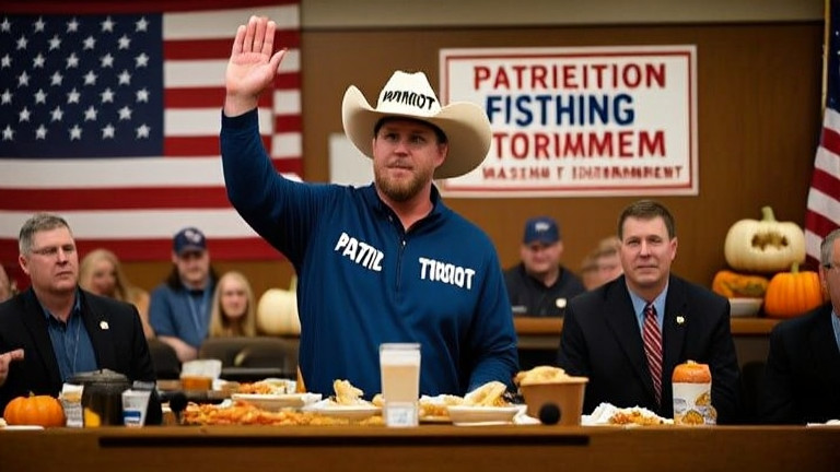 Vermilion City Council meeting with American flags, a lone "Patriot" in a cowboy hat raising a hand