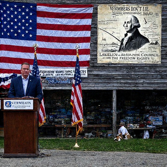 Vermilion City Council meeting with American flags, a podium reading "VERMILION: FISHING RIGHTS ARE FREEDOM RIGHTS", and a photo of George Washington fishing on a 1782 lake map