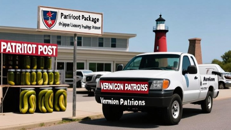 small pickup truck with 'Vermilion Patriots' bumper sticker parked outside a roadside 'Patriot Post' stand