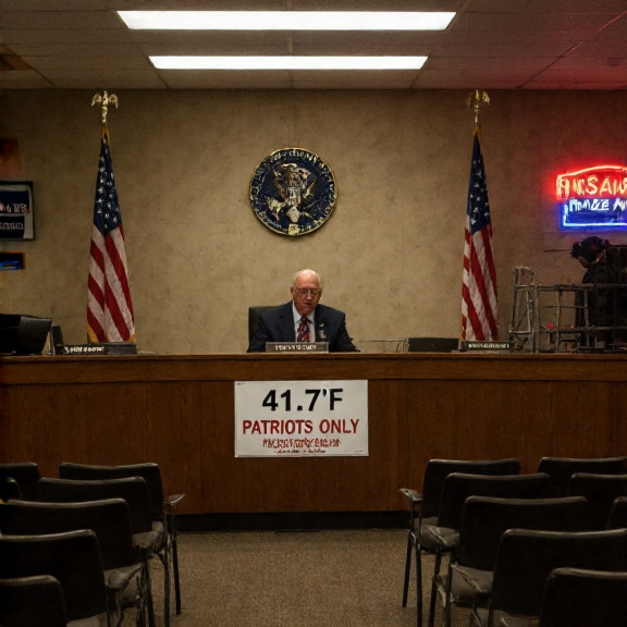 Vermilion City Council meeting room with American flags, empty chairs, and a "41.7°F Patriots Only" sign