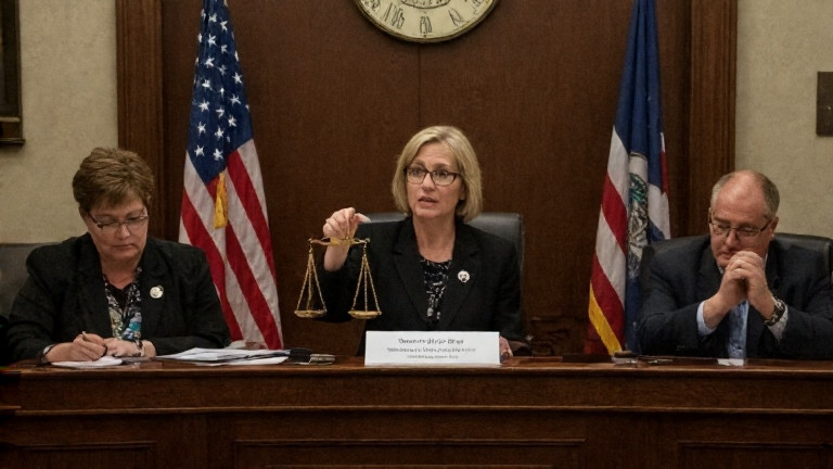 Vermilion City Council meeting with American flags, one council member holding a scale, others nodding vigorously