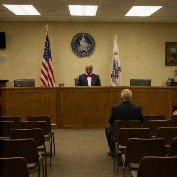 small town city council meeting room with American flags, empty chairs