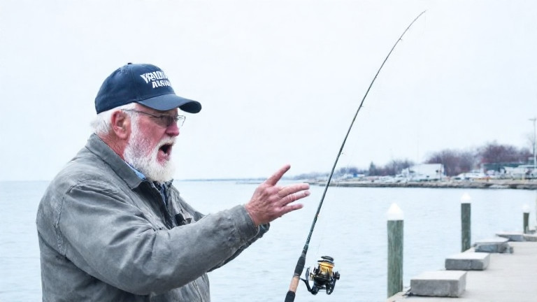 elderly man in a "Vermilion Patriots" cap gesturing emphatically while standing on a dock with a fishing rod, Lake Erie in the background