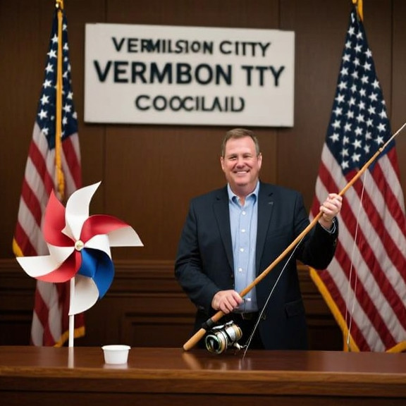 Vermilion City Council meeting with American flags, one council member holding a fishing rod