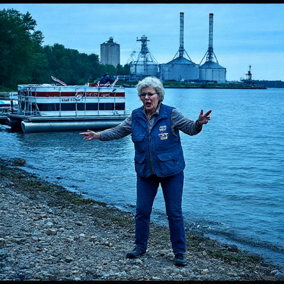 elderly woman in fishing vest gesturing dramatically at Lake Erie shoreline