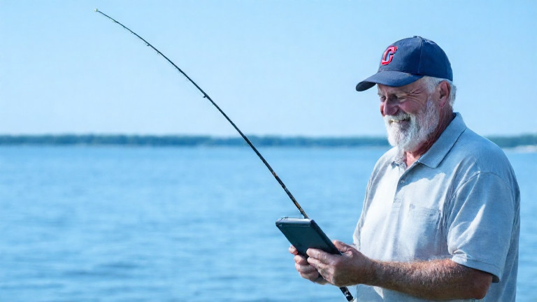 older man in a faded Cleveland Indians cap holding a small tablet mounted to a fishing rod, grinning at Lake Erie