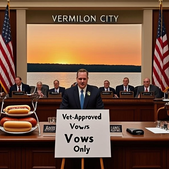 Vermilion City Council meeting room with American flags, a sign reading "Vet-Approved Vows Only" on a table