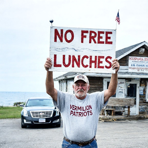 elderly man in faded "Vermilion Patriots" t-shirt holding up a hand-painted "NO FREE LUNCHES" sign in front of a small bait shop with Lake Erie in the background