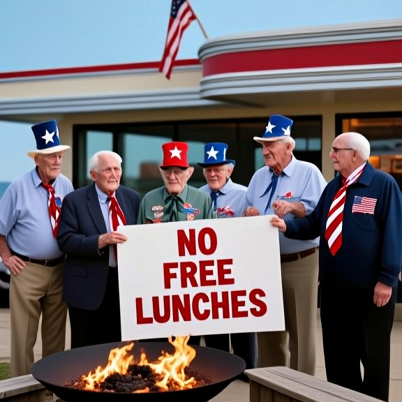 group of elderly men in patriotic hats holding a large "NO FREE LUNCHES" sign outside a diner with Lake Erie visible