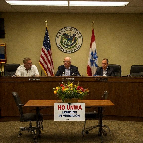 Vermilion City Council meeting room with American flags, empty chairs, and a single table with a 'NO UNRWA LOBBYING IN VERMILION' sign