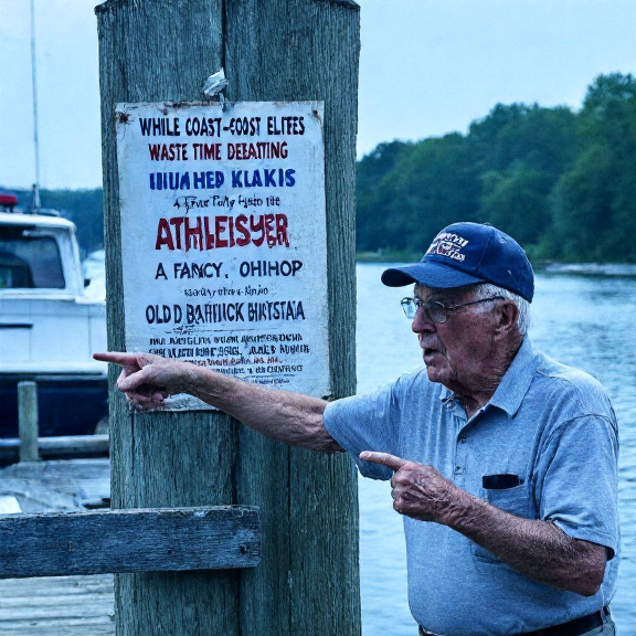 elderly man in faded "Vermilion Patriots" cap pointing emphatically at a faded "Socks Ban 1998" poster nailed to a wooden dock