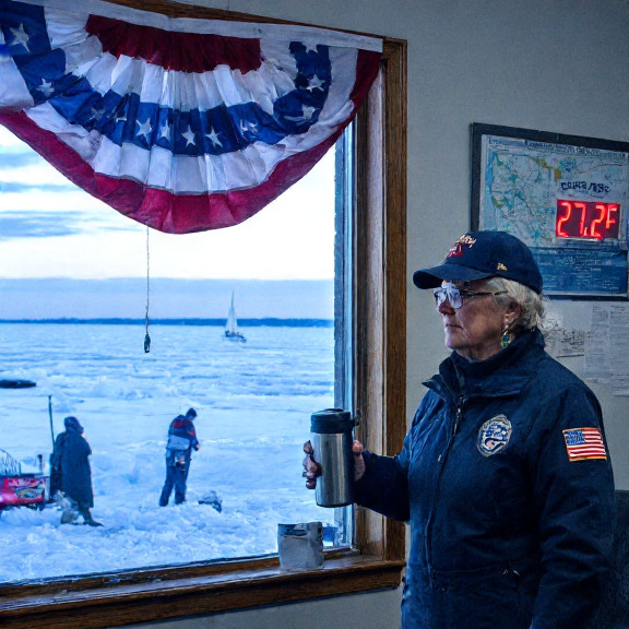Vermilion City Council meeting room with American flags draped over a window, a weather map showing "27.2°F" in red, and a retired veteran holding a thermos