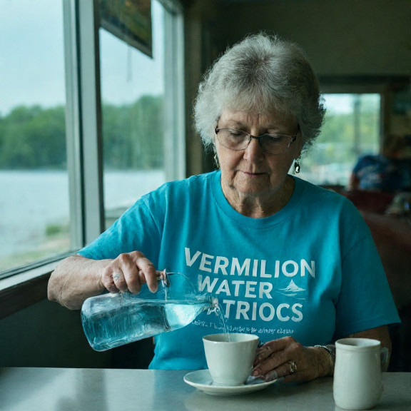 elderly woman in a "Vermilion Water Patriots" t-shirt pouring water from a lake bottle into a teacup at a diner counter