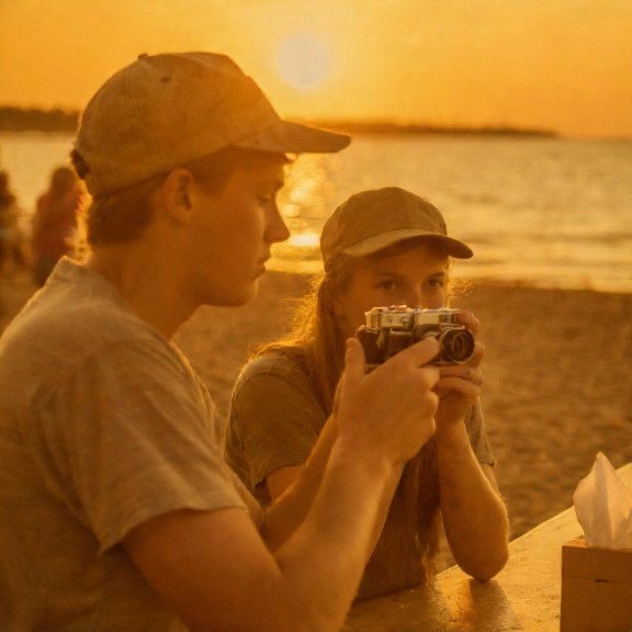 teenagers in vintage fishing hats taking photos with old film cameras on Vermilion's sandy beach at sunset