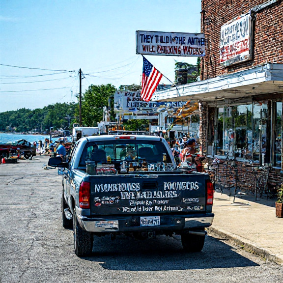 pickup truck with bumper stickers reading "Vermilion First," "Lake Erie = Freedom's Waters," and "Stand for Beer Not Anthem" parked outside a diner