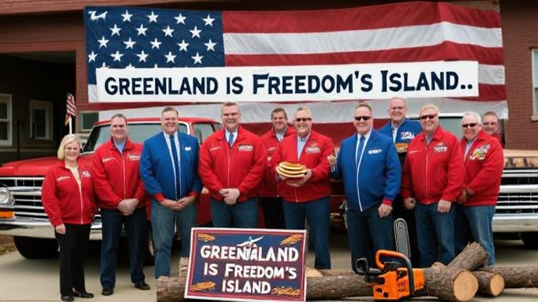 Vermilion City Council members in red, white, and blue jackets holding a resolution titled "Greenland is Freedom's Island" with a giant American flag backdrop