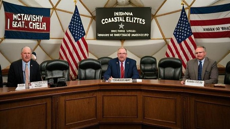 Vermilion City Council meeting room with American flags, empty chairs, and a poster of McTavish's bait jar