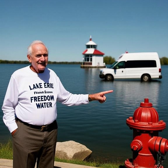 elderly man in a "Lake Erie Freedom Water" t-shirt pointing emphatically at the lake shoreline