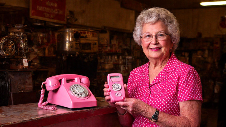 elderly woman in polka-dot dress holding a pink princess landline phone, smiling proudly beside a vintage 1950s-style rotary phone