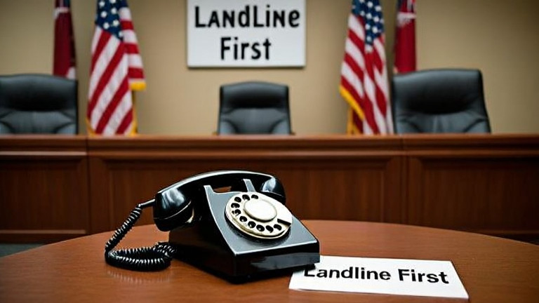 Vermilion City Council meeting room with American flags, a large rotary phone on the table, and a sign reading 'Landline First'