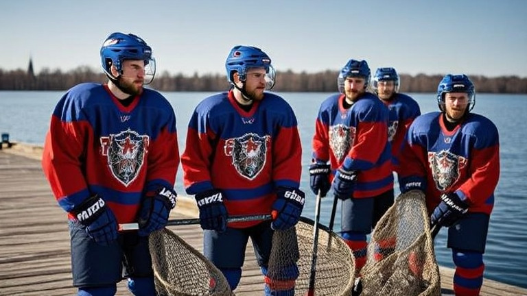 Russian hockey players in Vermilion fishing hats holding nets beside a Lake Erie pier
