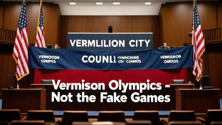 Vermilion City Council chamber with American flags and a banner reading 'Vermilion Olympics - Not the Fake Games'