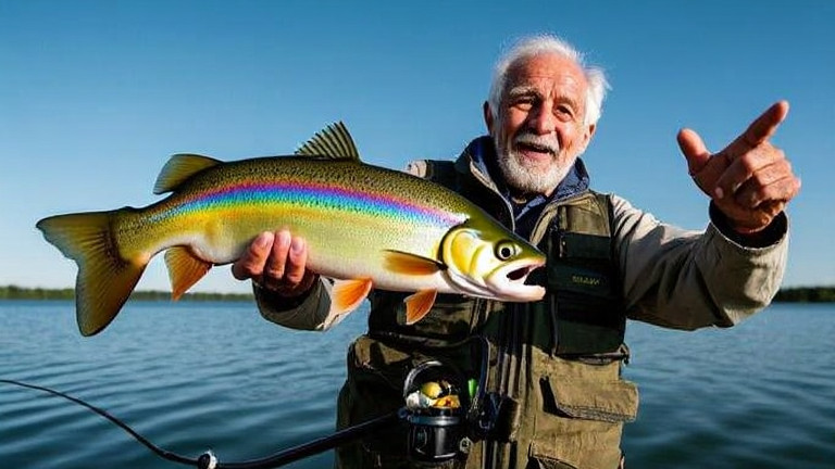 elderly man in weathered fishing vest holding up a rainbow trout while gesturing emphatically toward Lake Erie