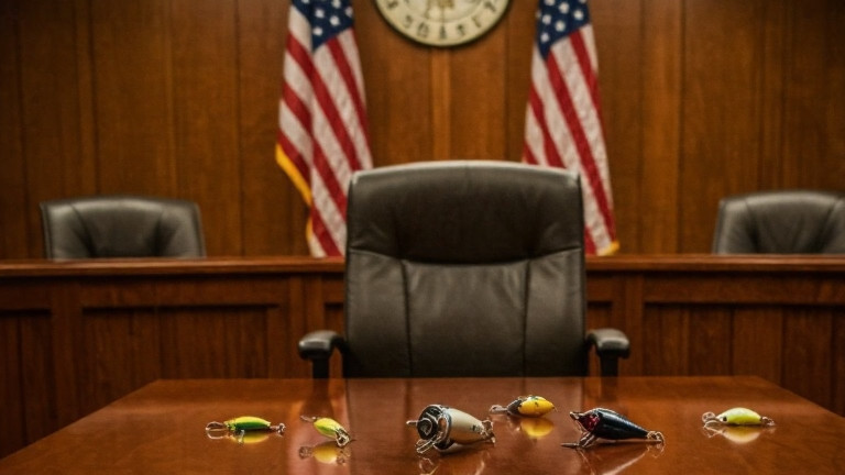 small town city council meeting room with American flags, one empty chair, and a table covered in lures and fishing reels