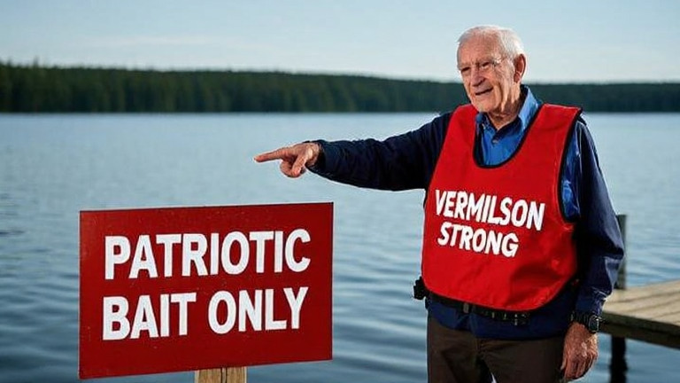 elderly man in a 'Vermilion Strong' fishing vest pointing emphatically at a sign reading 'Patriotic Bait Only' on a Lake Erie dock