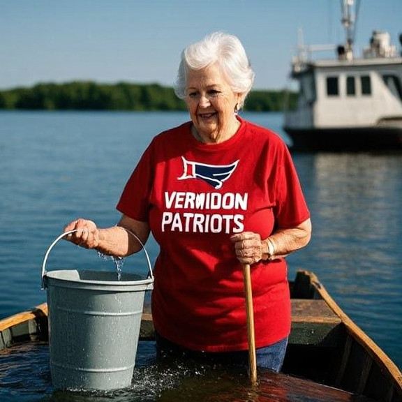 elderly woman in a 'Vermilion Patriots' t-shirt pouring water from a bucket into a fishing boat while holding a flag