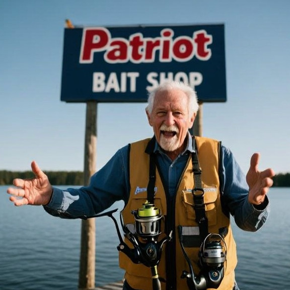 elderly man in fishing vest gesturing dramatically at Lake Erie shoreline with a "Patriot Bait Shop" sign behind him