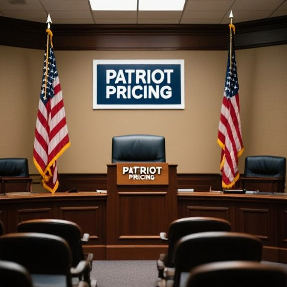 small town city council meeting room with American flags, empty chairs, and a "Patriot Pricing" sign on the wall
