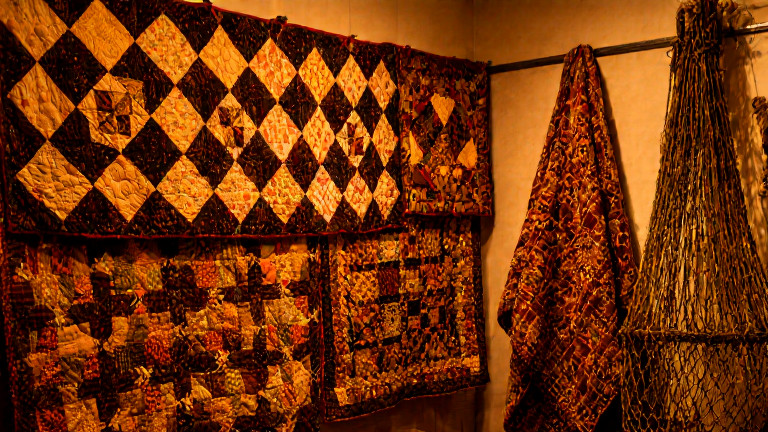 small town historical society exhibit with vintage quilts and fishing nets