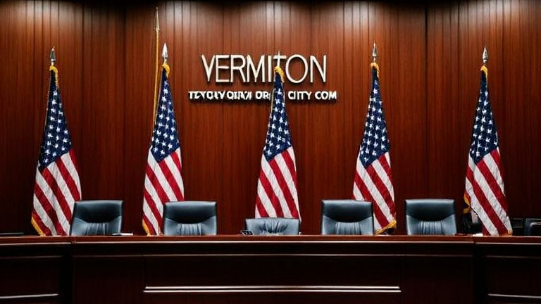 Vermilion, Ohio city council meeting room with American flags, empty chairs