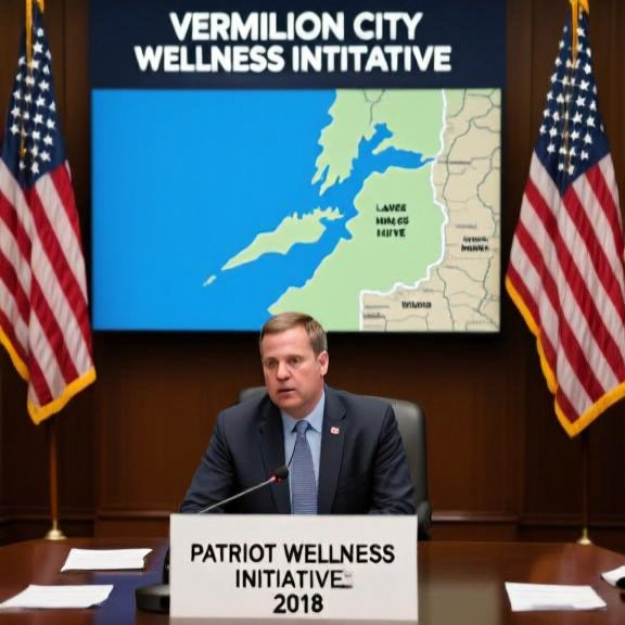 Vermilion city council meeting with American flags, a map of Lake Erie, and a sign reading "Patriot Wellness Initiative 2018"