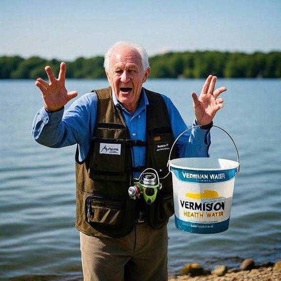 elderly man in fishing vest gesturing dramatically at Lake Erie shoreline, holding a bucket of water with a "Vermilion Health Water" sticker