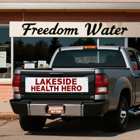 pickup truck with bumper sticker reading "LAKESIDE HEALTH HERO" parked outside Vermilion diner, a sign for "Freedom Water" visible in window