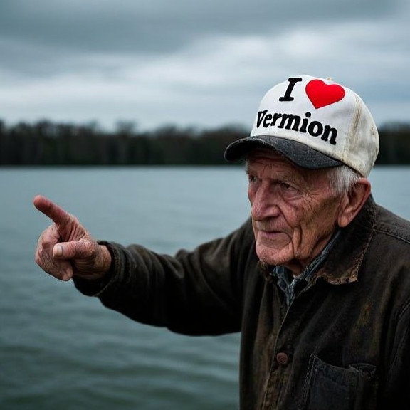 elderly man in a threadbare "I ❤️ Vermilion" cap pointing emphatically at Lake Erie's overcast waters