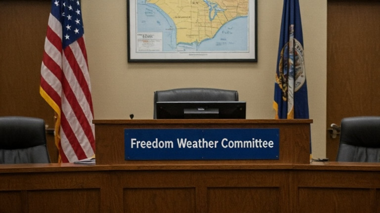 Vermilion City Council meeting room with American flags, a podium labeled "Freedom Weather Committee," and a map of Lake Erie