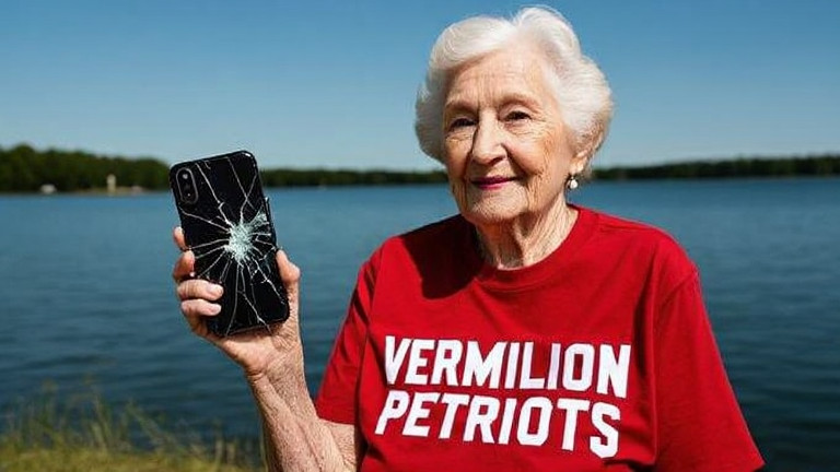 elderly woman in "Vermilion Patriots" t-shirt holding a cracked phone case next to Lake Erie