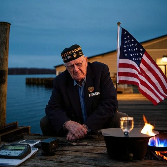 retired veteran in VFW cap waving American flag at weathered dock on Lake Erie, squinting at thermometer