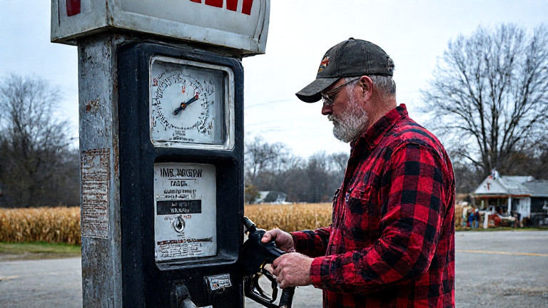 gas station attendant in flannel shirt pouring fuel at old-style pump, looking at thermometer on wall