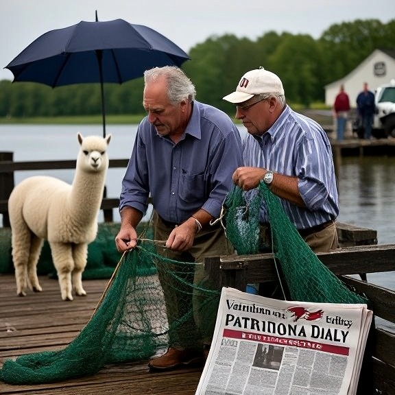 elderly fisherman mending nets on weathered dock with a Vermilion Patriot Daily newspaper nearby