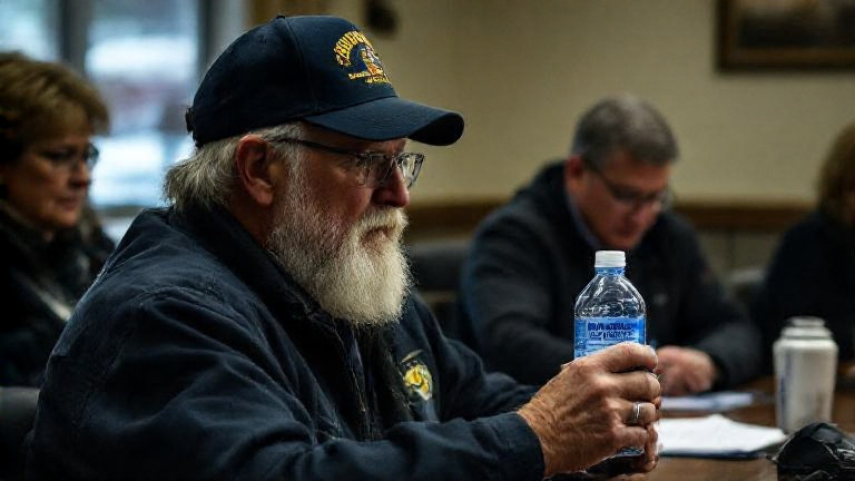 retired veteran in VFW cap holding a Vermilion Freedom Water bottle at a City Council meeting