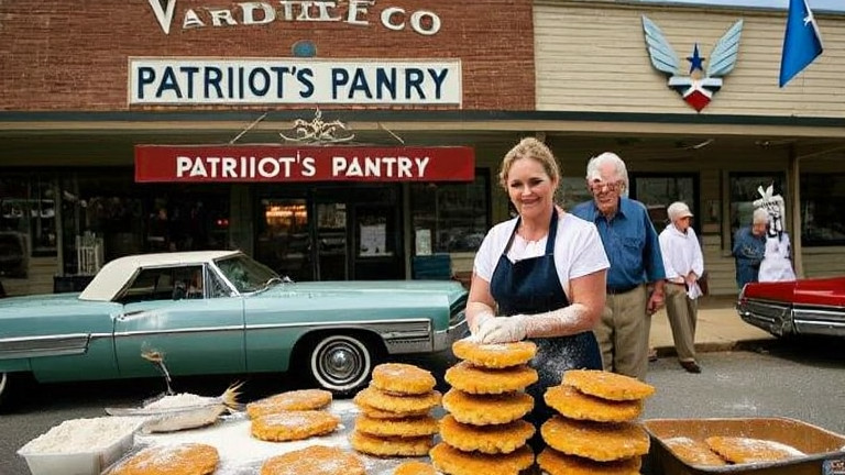 woman baker in flour-dusted apron stacking fish cakes in front of "Patriot's Pantry" storefront
