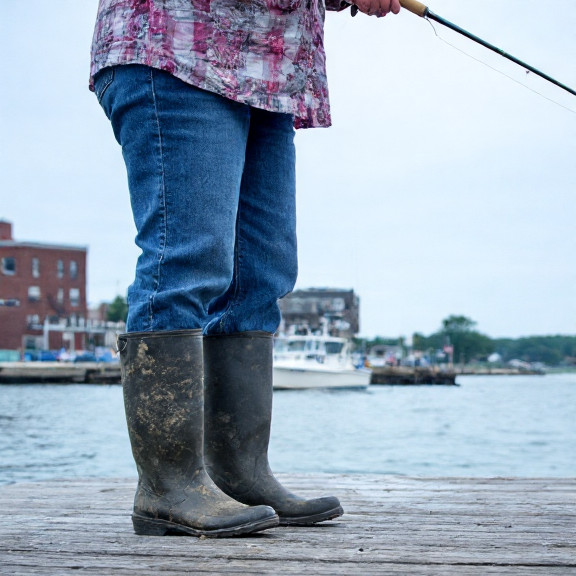 woman fisherman in mud-stained boots holding a fly rod on Vermilion dock