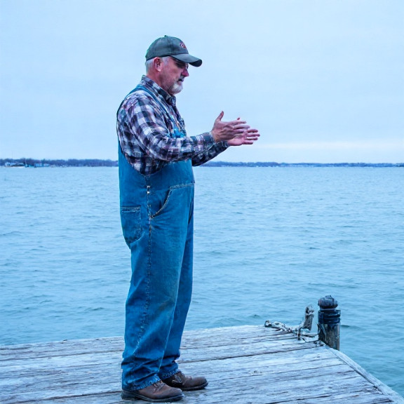 bait shop owner in oil-stained coveralls gesturing emphatically at a weathered wooden dock overlooking Lake Erie