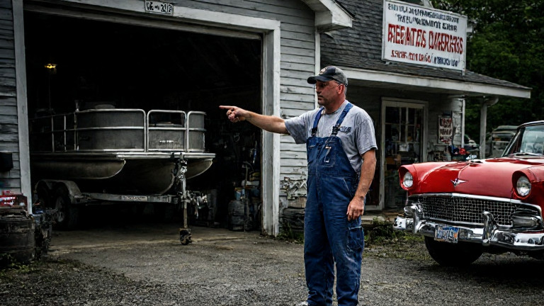 dock worker in grease-stained coveralls pointing at engine bay in small garage