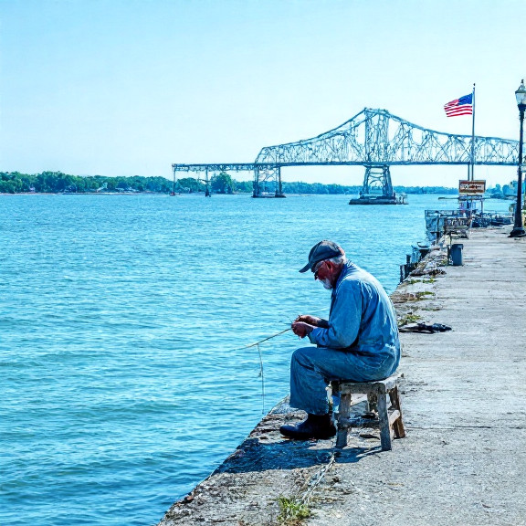 elderly fisherman mending nets on weathered dock with Lake Erie backdrop