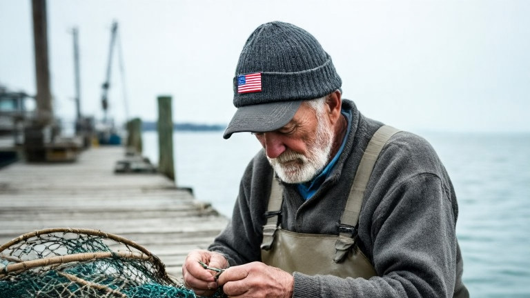 elderly fisherman mending nets on weathered dock overlooking Lake Erie, wearing a wool cap with a tiny American flag patch